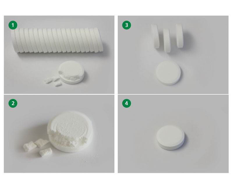 图1:比较传统湿法制粒法(1和2)和TOPO法制粒法(3和4)生产泡腾性止痛药
