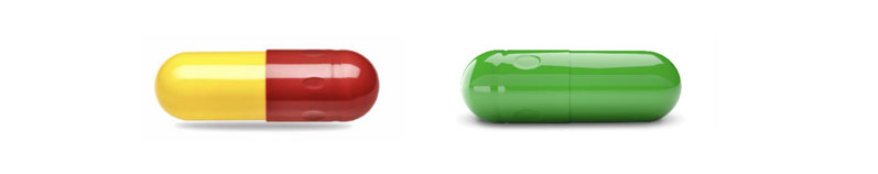 图1:明胶(黄色/红色)胶囊和HPMC(绿色/绿色)胶囊